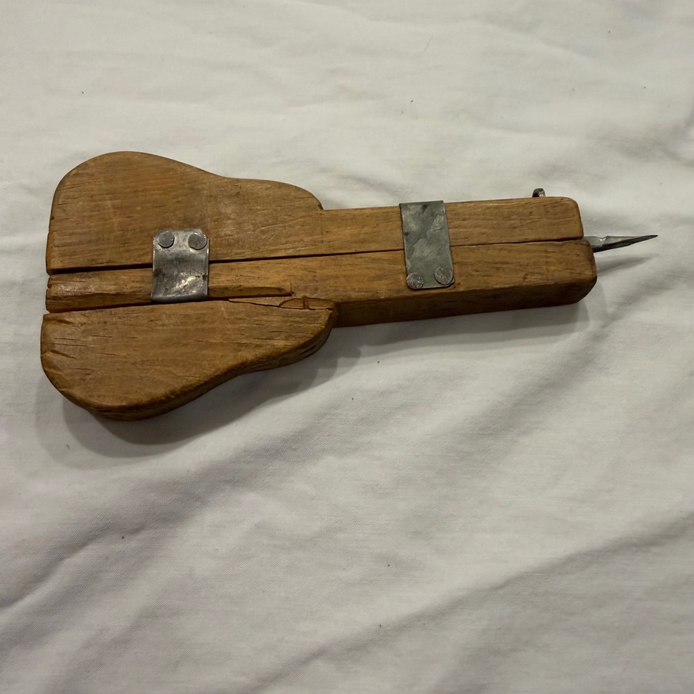 Antique Primitive Wooden Rug Hooking Tool Guitar Shape Punch Needle Rustic Decor